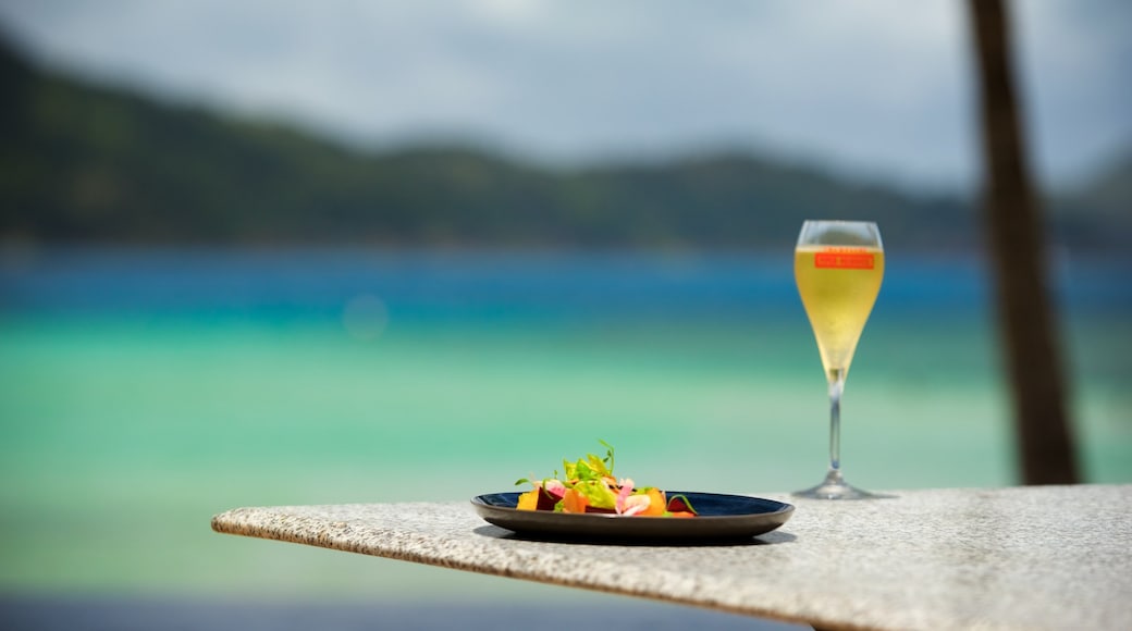 Hamilton mostrando bebidas, un bar en la playa y comida