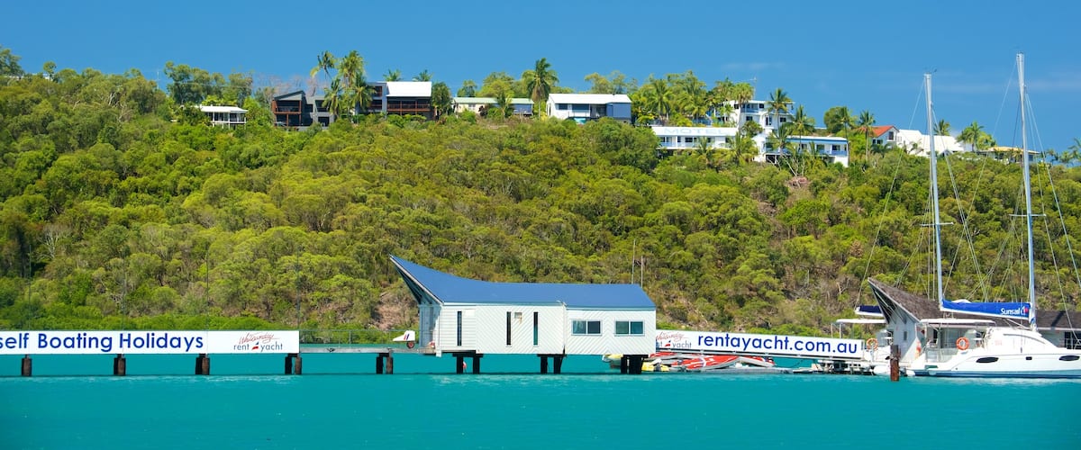 Shute Harbour which includes tropical scenes, signage and general coastal views
