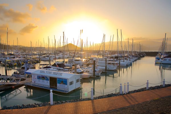 Abell Point Marina montrant coucher de soleil, baie ou port et voile