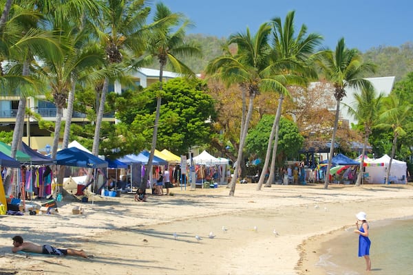 Airlie Beach showing a sandy beach and markets