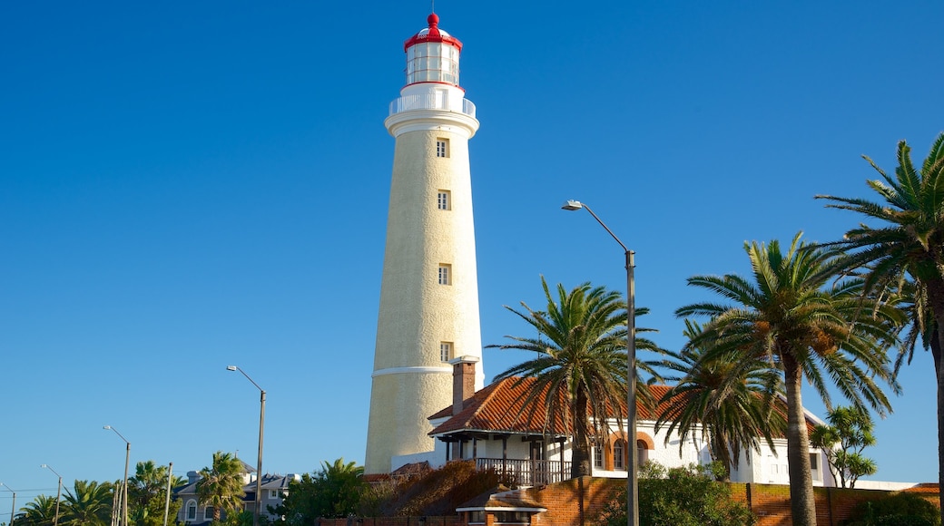 Farol de Punta del Este mostrando uma cidade litorânea e um farol