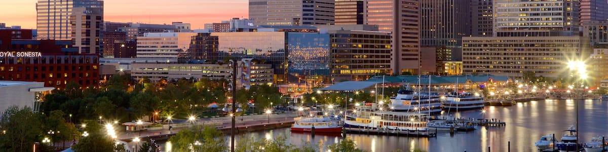 Baltimore showing skyline, a marina and a high-rise building
