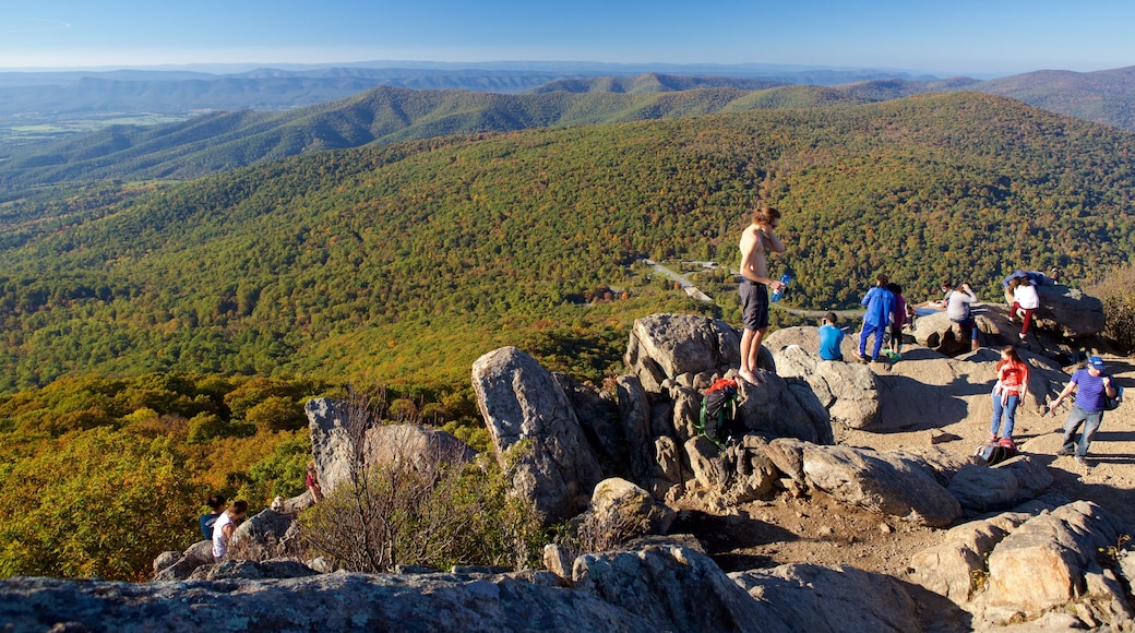 Shenandoah National Park showing hiking or walking and mountains as well as a small group of people