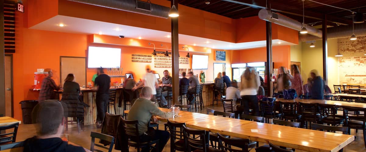 NoDa Brewing Company which includes interior views as well as a small group of people