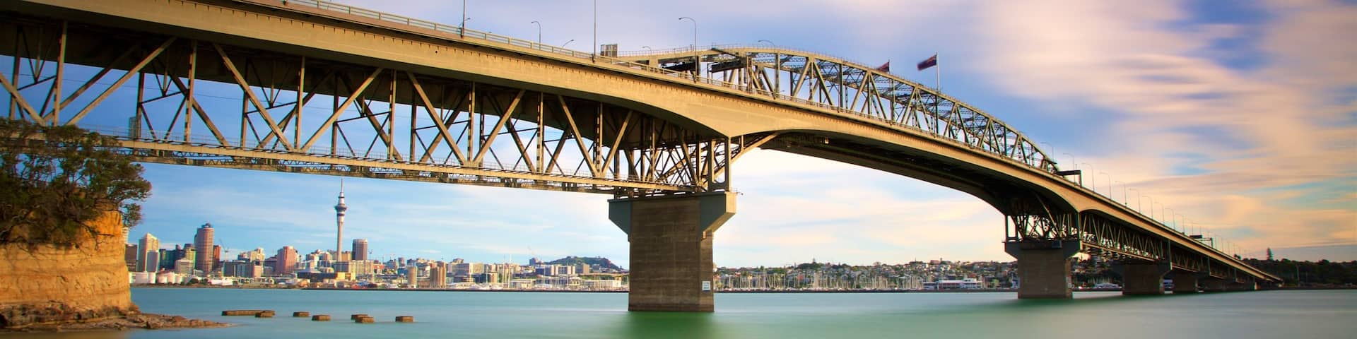 Harbour Bridge showing a city, a bay or harbor and a sunset
