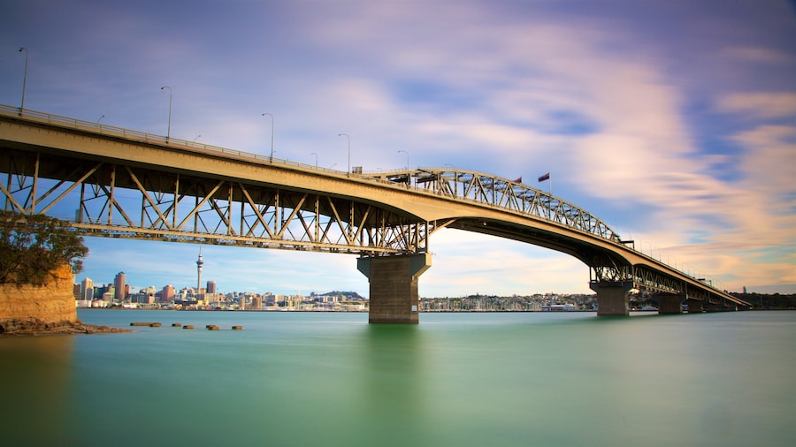 Harbour Bridge showing a bridge, a city and a bay or harbour
