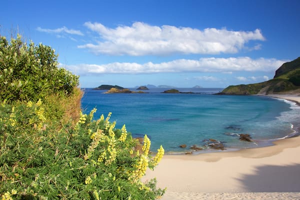 Whangarei featuring a sandy beach, mountains and a bay or harbour