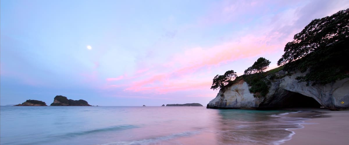 Waikato featuring a beach, rugged coastline and a bay or harbour