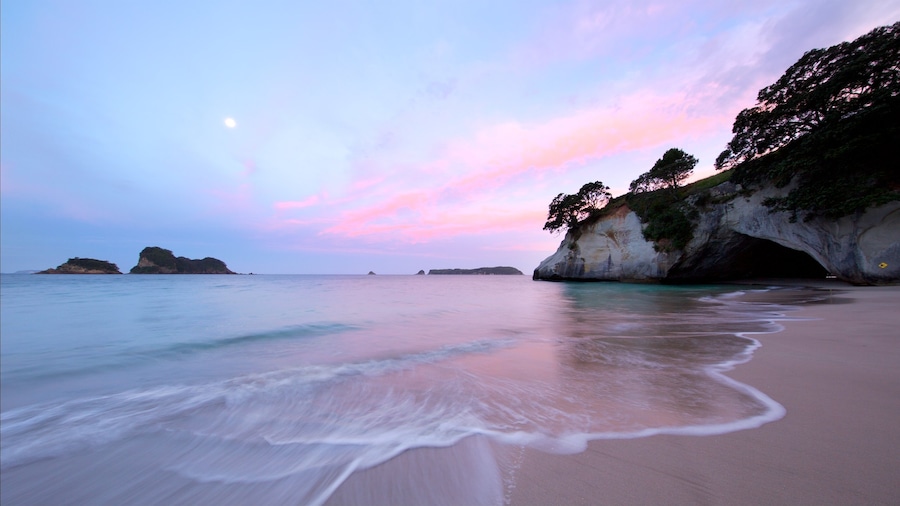 Waikato toont een zandstrand, een baai of haven en rotsachtige kustlijn