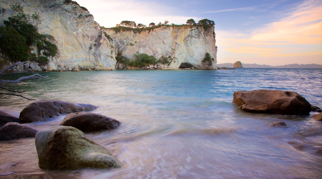 Whitianga welches beinhaltet Sonnenuntergang, Felsküste und Bucht oder Hafen