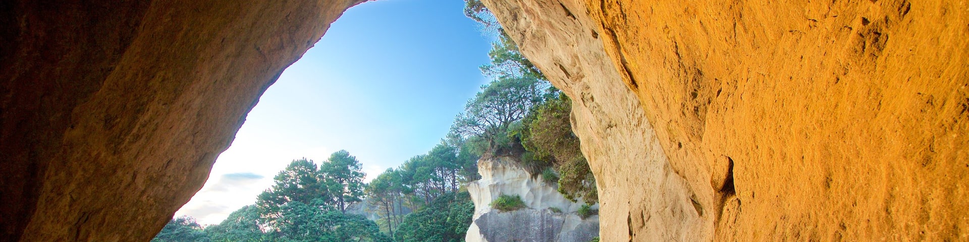 Cathedral Cove Beach which includes a bay or harbour, a beach and rugged coastline