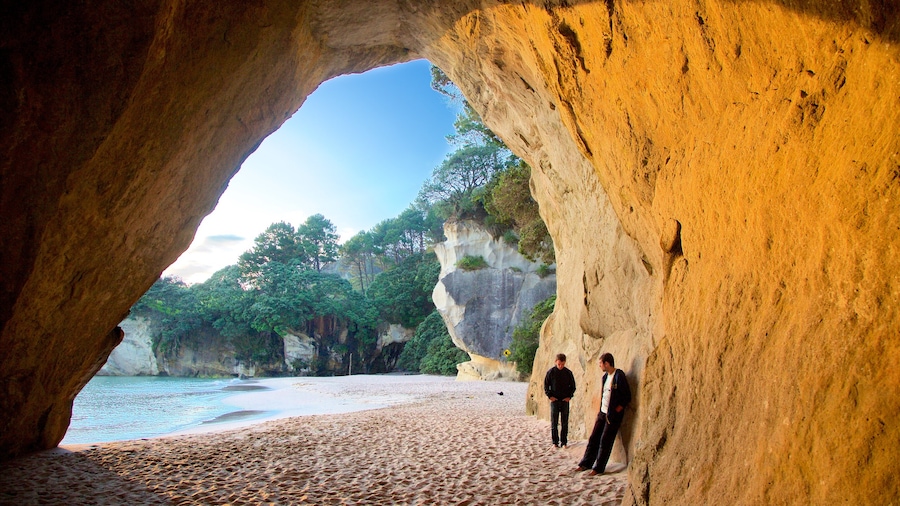 Cathedral Cove Beach som omfatter en bugt eller havn, en strand og barsk kystlinje