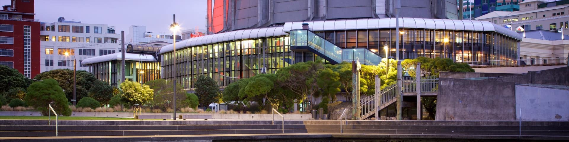 Michael Fowler Centre showing a city, night scenes and a bay or harbor