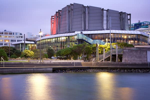 Michael Fowler Centre featuring modern architecture, a bay or harbour and night scenes