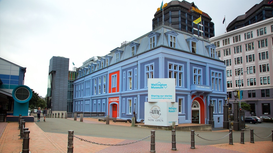 Museum of Wellington City and Sea which includes signage and a square or plaza