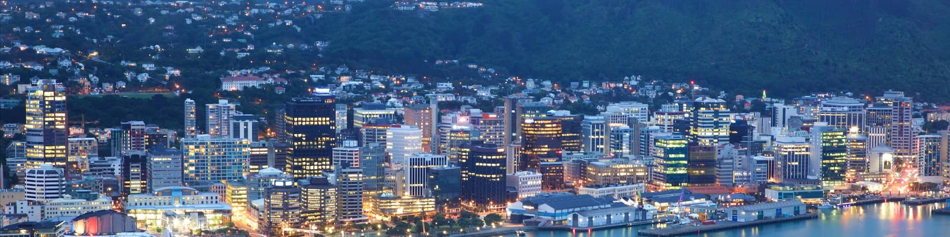 Mount Victoria Lookout showing night scenes, a bay or harbor and mountains