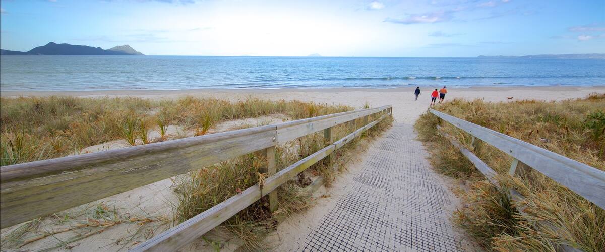 Whangarei Heads which includes a sandy beach and general coastal views as well as a small group of people