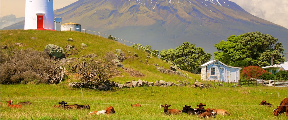 Taranaki showing mountains, farmland and a lighthouse