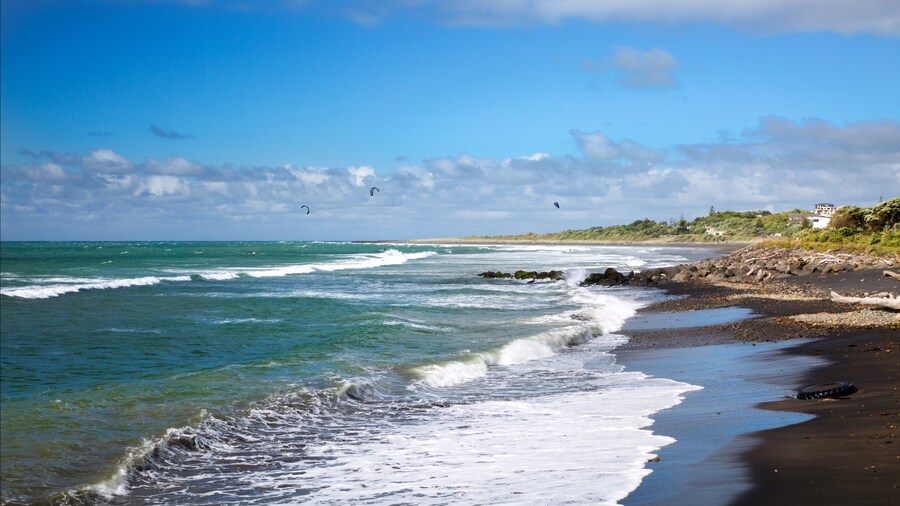 Taranaki which includes rocky coastline and waves