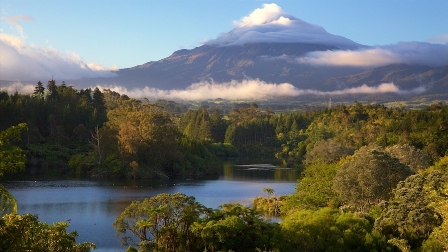 Taranaki ofreciendo bosques, un lago o abrevadero y montañas
