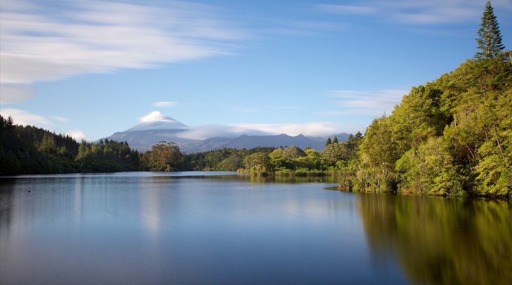 Taranaki mostrando un lago o espejo de agua, montañas y imágenes de bosques