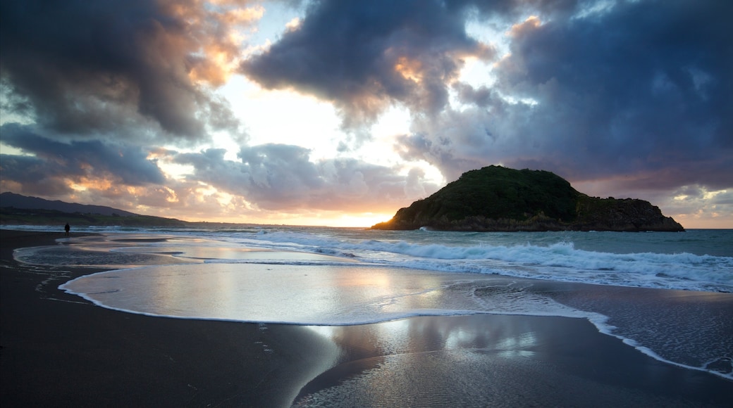 New Plymouth which includes a sandy beach, a bay or harbour and a sunset