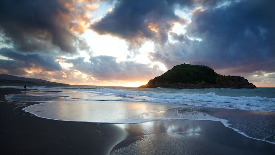 New Plymouth qui includes plage, baie ou port et coucher de soleil