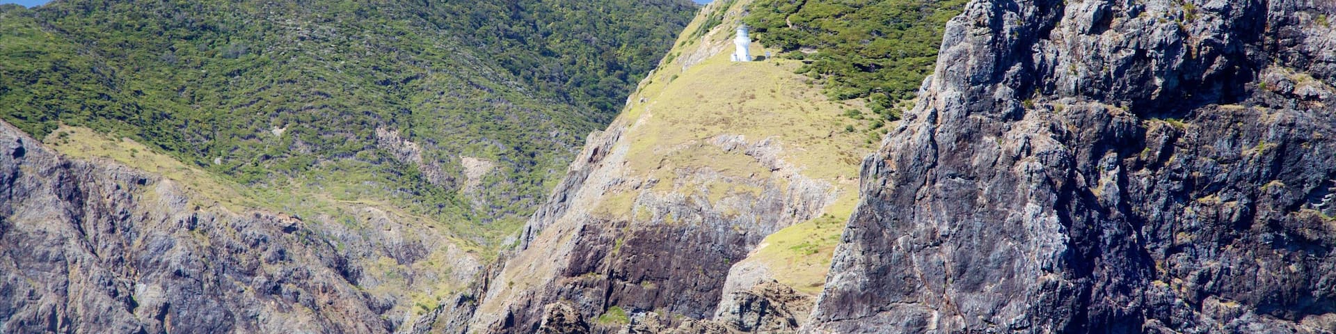 Cape Brett Lighthouse showing a lighthouse, a bay or harbor and rocky coastline