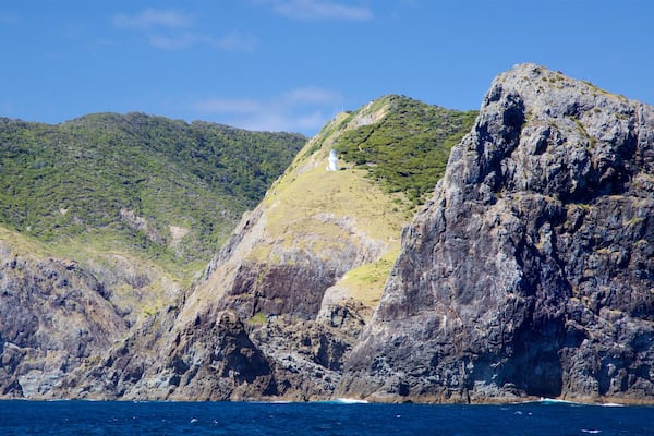 Phare du cap Brett montrant baie ou port, phare et cĂŽte rocheuse