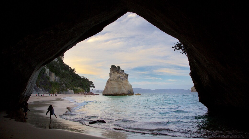 Cathedral Cove Beach mostrando costa rocciosa, grotte e surf