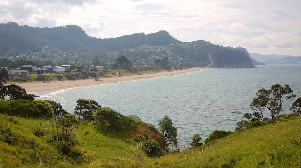 Hahei Beach featuring a bay or harbour, a beach and a coastal town