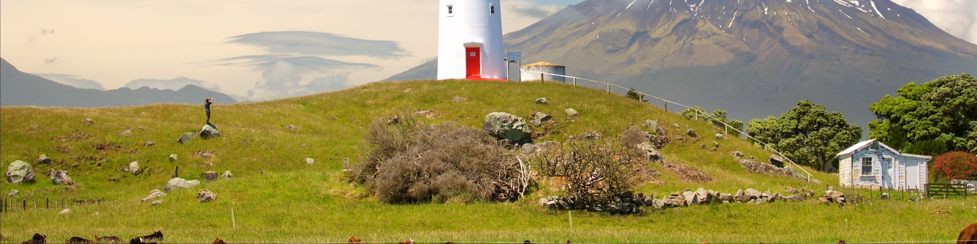 Cape Egmont Lighthouse showing a lighthouse, tranquil scenes and mountains