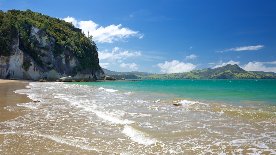 Lonely Bay Beach showing rocky coastline, a bay or harbor and a beach
