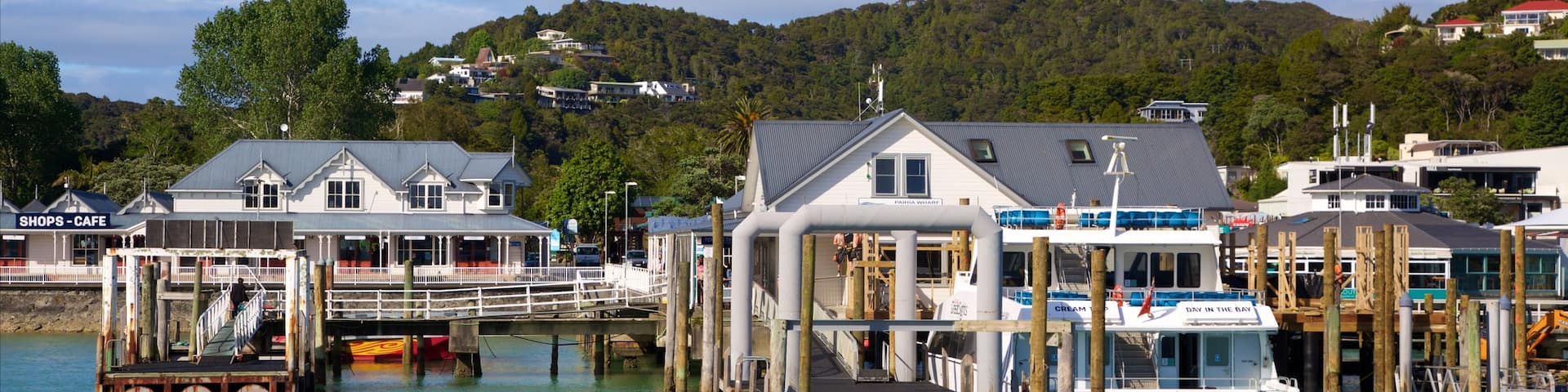 Paihia Wharf featuring a bay or harbor and a coastal town