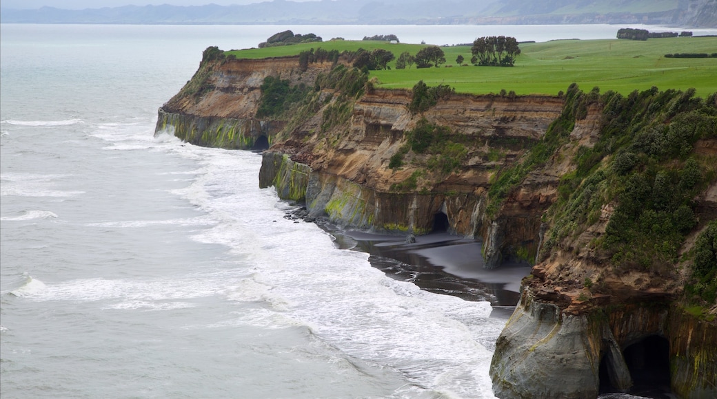 New Plymouth featuring rocky coastline, surf and a bay or harbour