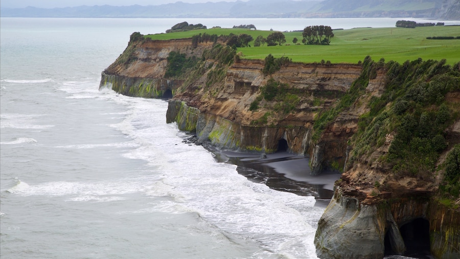 New Plymouth which includes rugged coastline, a bay or harbor and waves