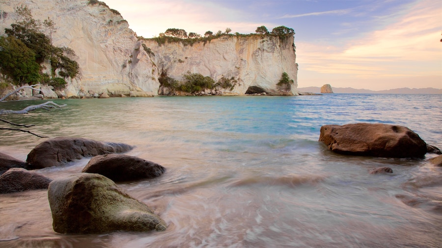 Whitianga showing a bay or harbor, a sunset and rocky coastline