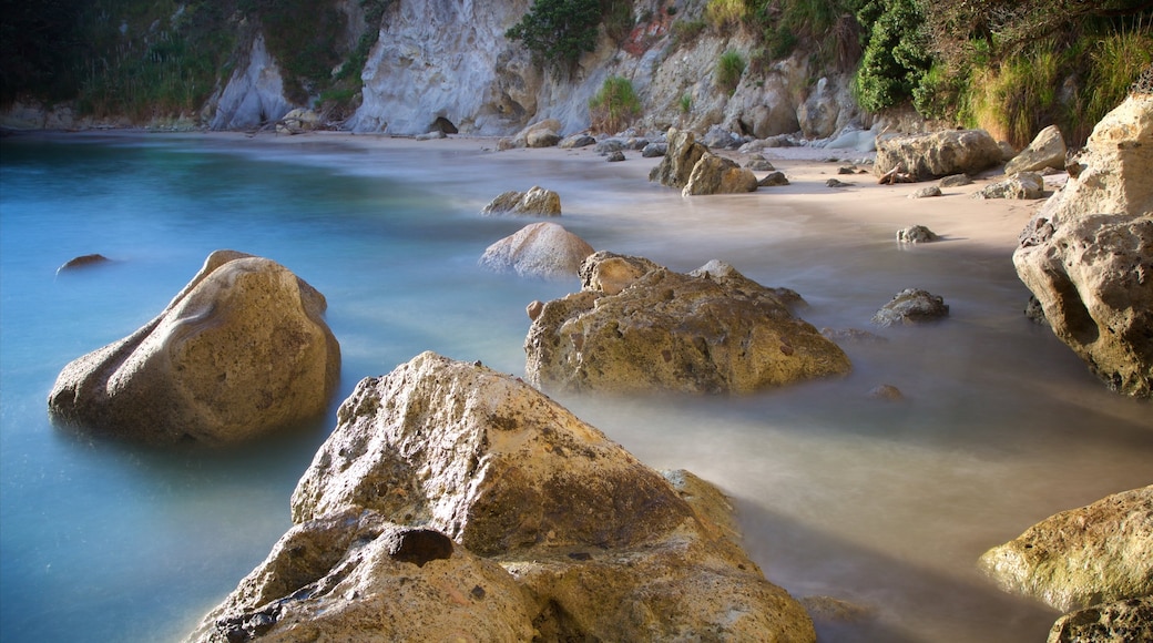 Whitianga featuring rocky coastline, a beach and a bay or harbor