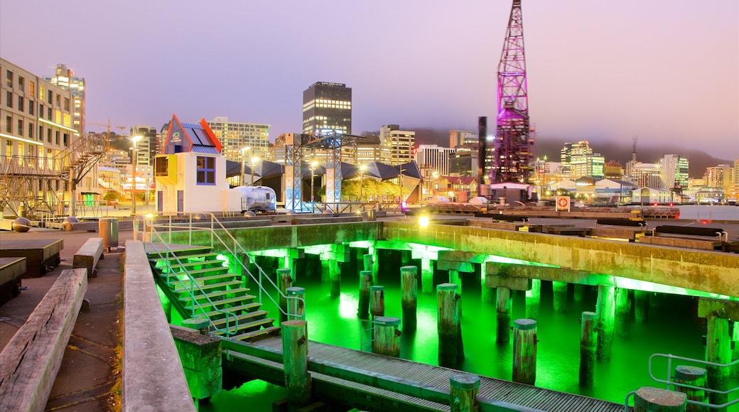 Wellington featuring a city, night scenes and a bay or harbour