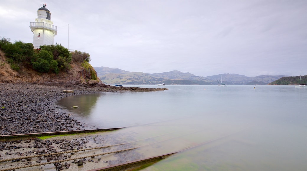 Canterbury which includes a bay or harbour and a lighthouse