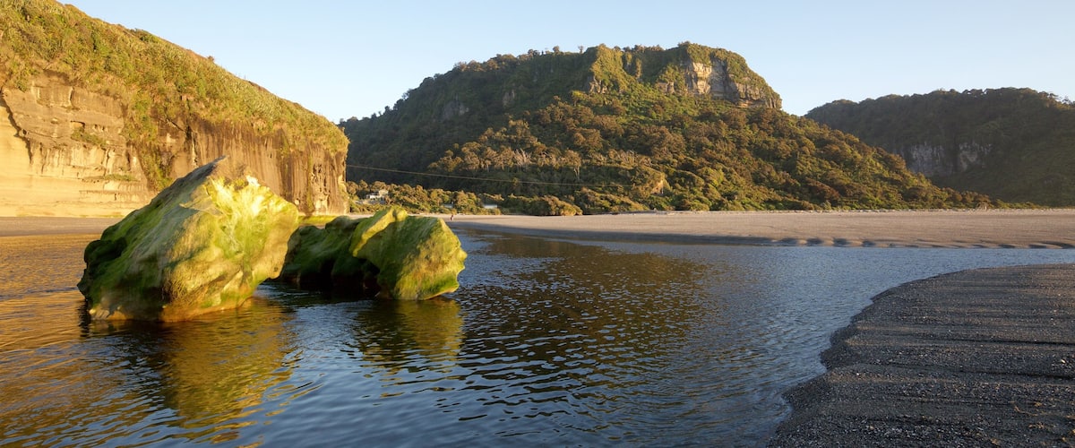 Punakaiki mostrando una playa, costa escarpada y vistas generales de la costa