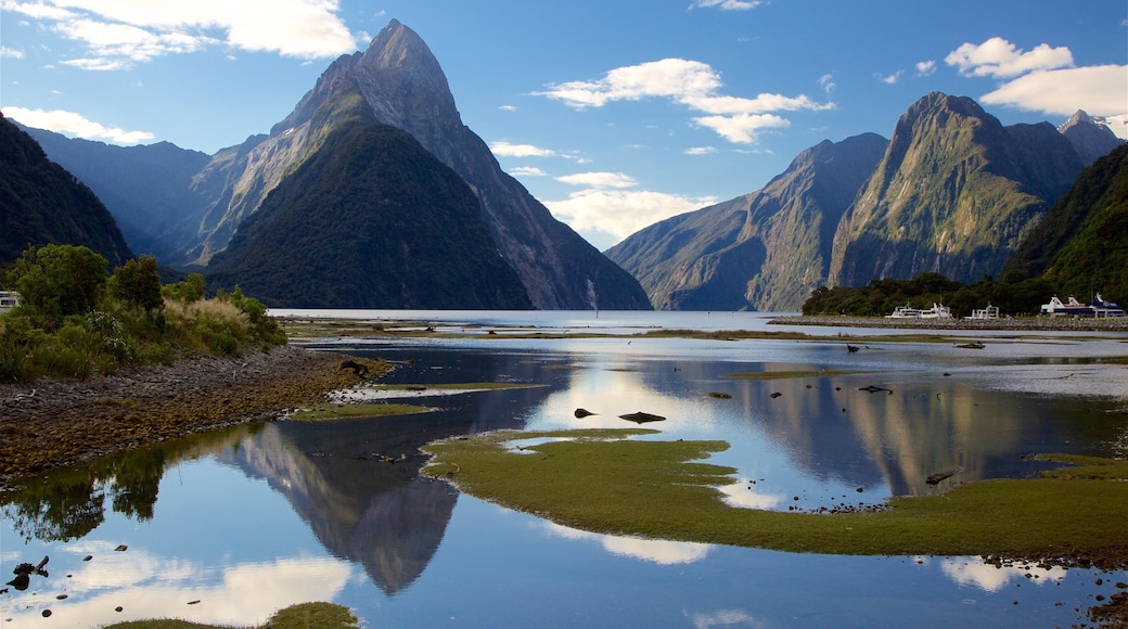 Mitre Peak que incluye una playa de guijarros, una bahía o un puerto y montañas