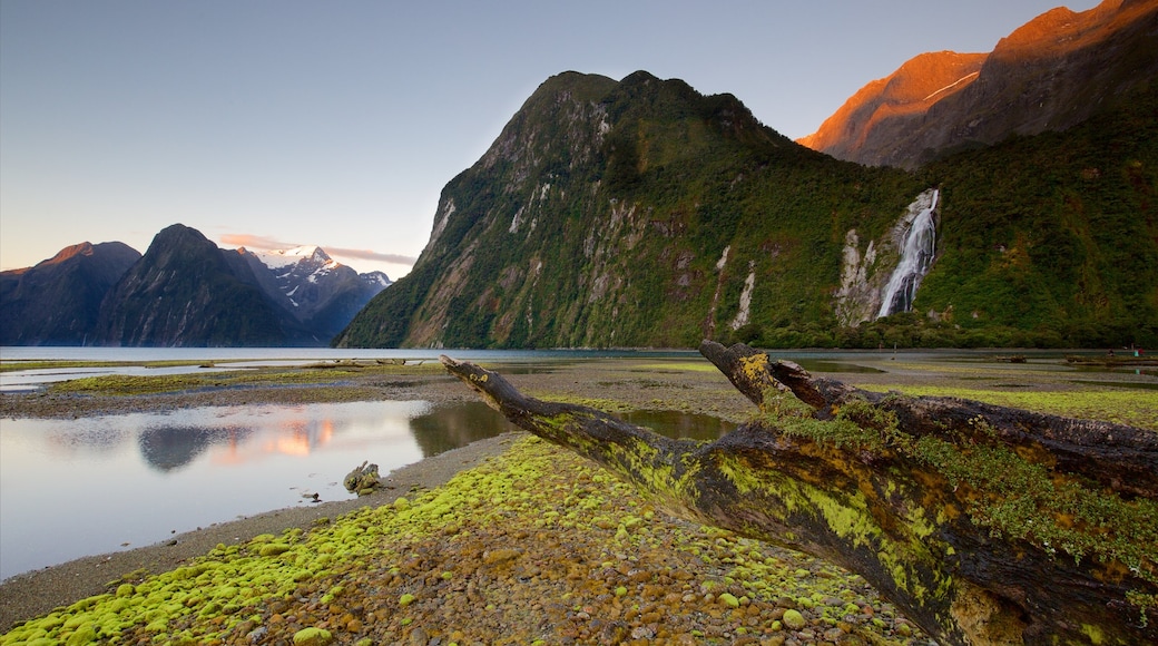 Fiordland National Park que inclui uma praia de pedras, montanhas e uma cachoeira