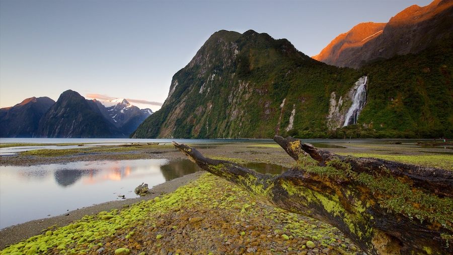 Fiordland National Park og byder på bjerge, en solnedgang og en kaskade