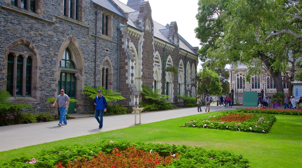 Canterbury Museum which includes a park and heritage architecture as well as a small group of people