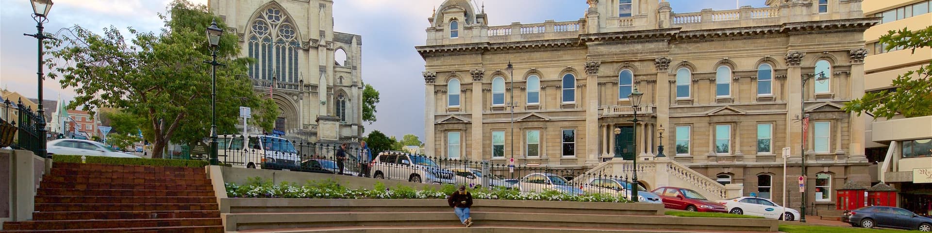Dunedin Town Hall showing an administrative buidling, a church or cathedral and heritage architecture