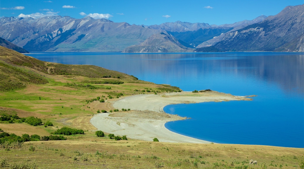 Lake Hawea som inkluderar stillsam natur, berg och en sjö eller ett vattenhål