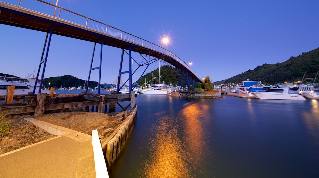 Picton Harbour showing boating, night scenes and a bridge