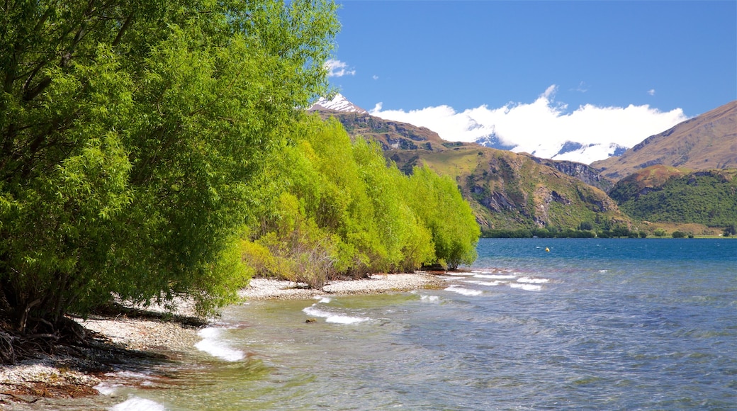 Wanaka which includes a pebble beach, a bay or harbor and mountains