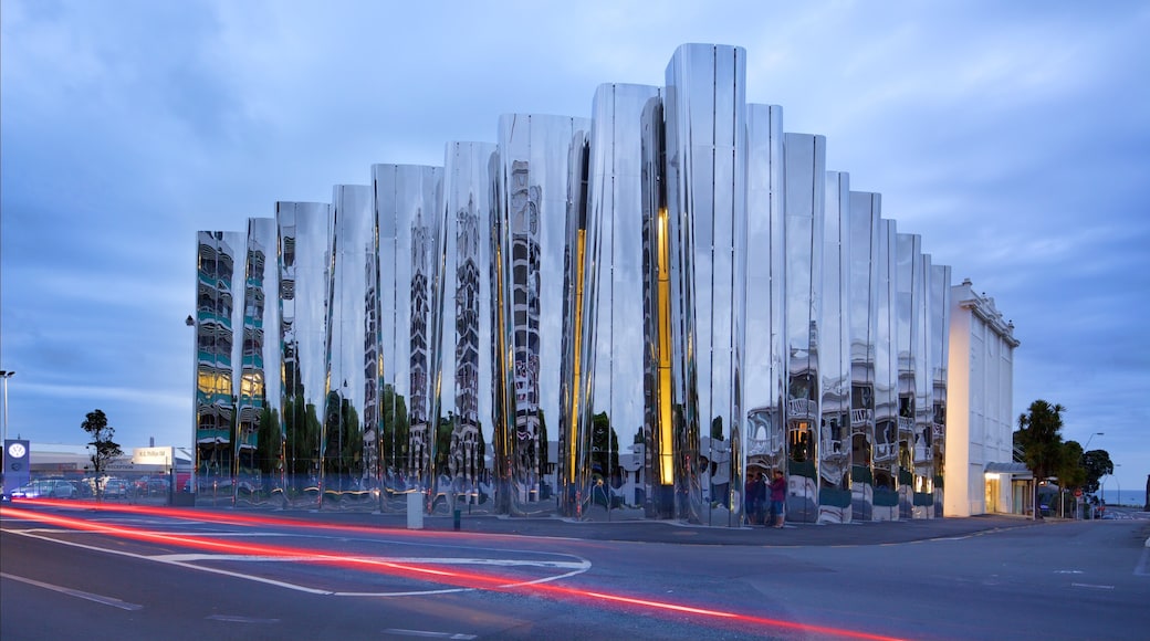 Govett-Brewster Art Gallery featuring night scenes and modern architecture